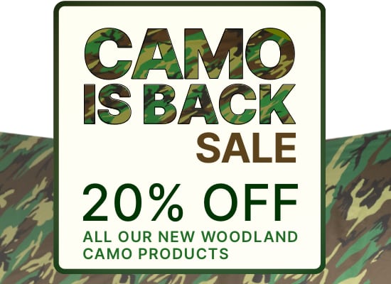 Camo is back sale banner, 20% off woodland camo products