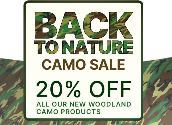 Back to Nature Camo Sale banner, 20% off woodland camo products.