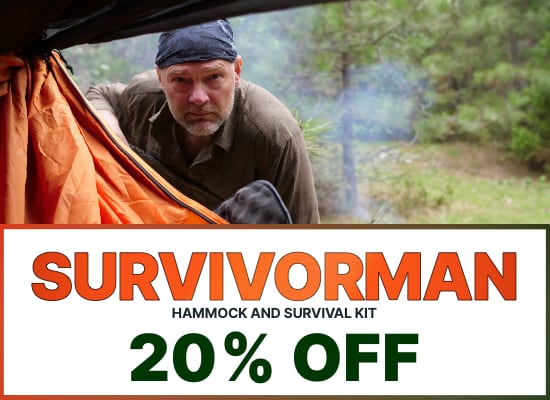 4Season Survivorman Sale banner, 20% OFF our premium hammock with survival kit. Banner image shows Les Stroud at entrance to hammock.