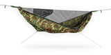 Photo of the Expedition ZIP Woodland set up against a white background.  This photo is showing the hammock with the rain fly removed.  