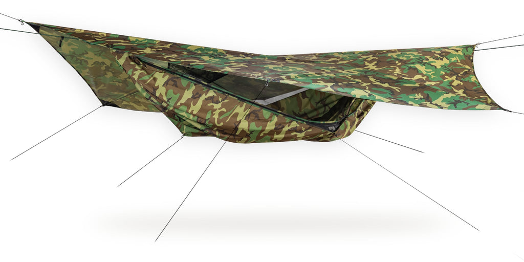 Photo of the Expedition ZIP Woodland set up again a white background. 
