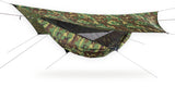 A camouflage camping hammock suspended under a matching camouflage tarp shelter with guy lines, shown against a plain white background.