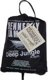 Photo of a black Deep Jungle stuff sack with white printing.  Printed on the stuff sack is the Hennessy Hammock logo, an illustation of the hammock, the model name, and other technical information.