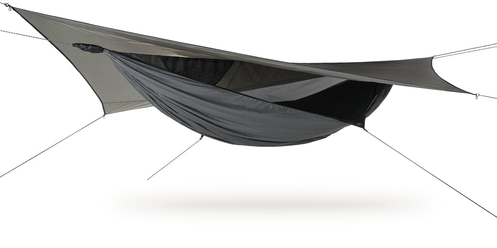 Grey deep jungle hammock set up against a white background.