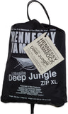 Photo of a black Deep Jungle XL stuff sack with white printing.  Printed on the stuff sack is the Hennessy Hammock logo, an illustation of the hammock, the model name, and other technical information.