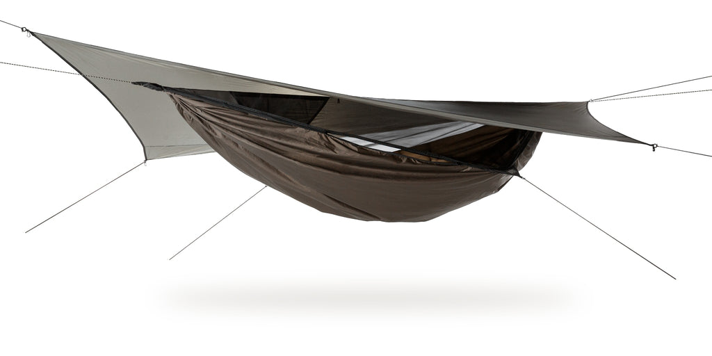 Photo of a bark colored Explorer Ultralite hammock set up against a white background.