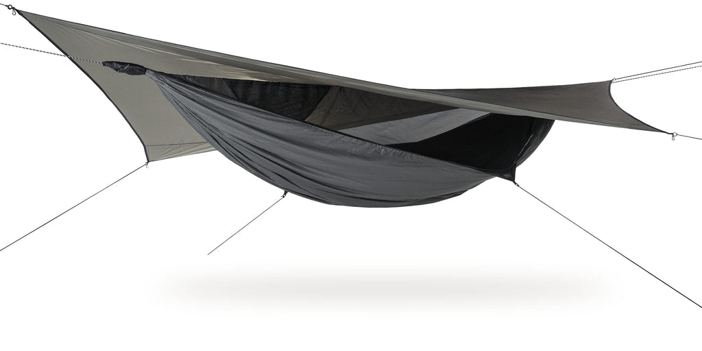 Photo of a grey Hyperlite ZIP hammock set up against a white background.