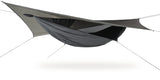 Photo of a grey Hyperlite ZIP hammock set up against a white background.