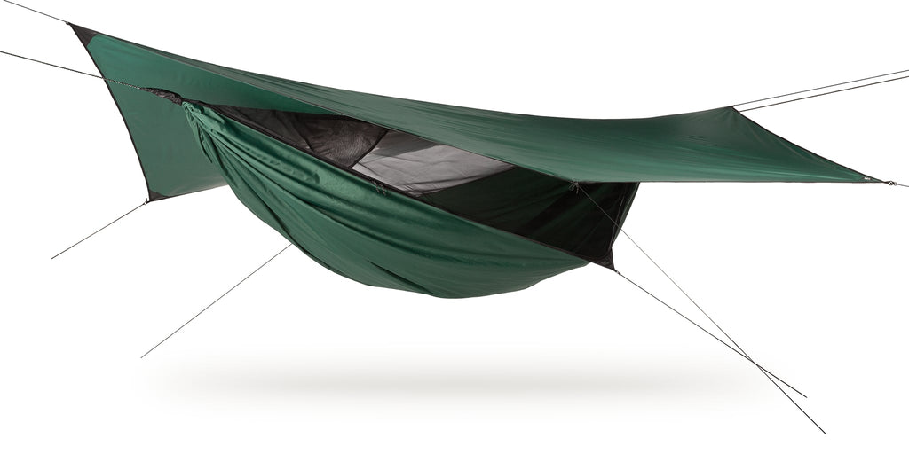 Photo of a green Jungle Safari hammock set up against a white background.
