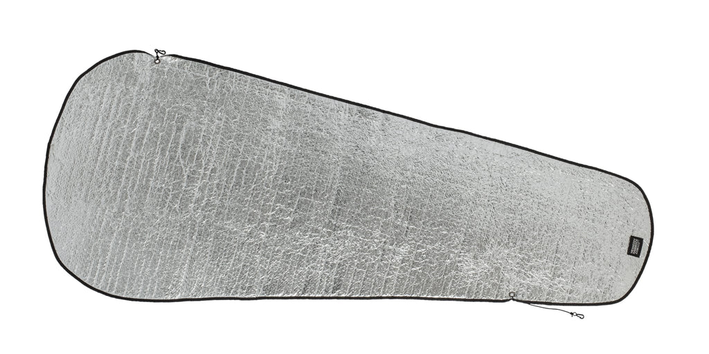 A silver reflective thermal sheet with a black stitched border, shown flat against a white background.