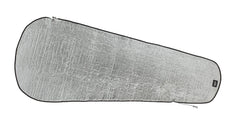 A silver reflective thermal sheet with a black stitched border, shown flat against a white background.