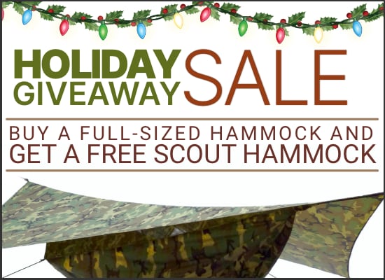 Holiday Giveaway Sale: buy a qualifying hammock and get a free scout hammock. Image of a scout hammock in background.