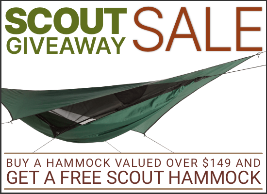 Scout Giveaway Sale: buy a qualifying hammock and get a free scout hammock. Image of a scout hammock in background.