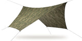 Forest Camouflage 70D rainfly suspended diagonally against a white background, supported by guy lines.