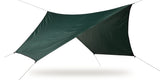 Forest Green 70D rainfly suspended diagonally against a white background, supported by guy lines.