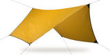Goldenrod Yellow 70D rainfly suspended diagonally against a white background, supported by guy lines.