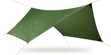 Leaf Green 70D rainfly suspended diagonally against a white background, supported by guy lines.