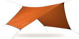 Orange 70D rainfly suspended diagonally against a white background, supported by guy lines.