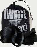 Photo of a black Jungle Safari stuff sack with white printing.  Printed on the stuff sack is the Hennessy Hammock logo, an illustation of the hammock, the model name, and other technical information.
